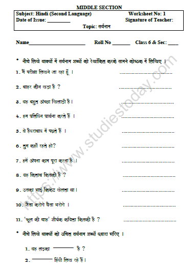 Cbse Class 6 Hindi Pronoun Worksheet Set B